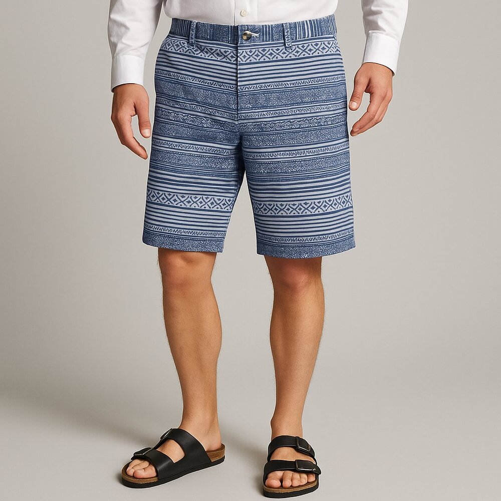 International Male Blue Aztec Print Cotton Shorts 36 90s Y2K Boho Preppy Vintage